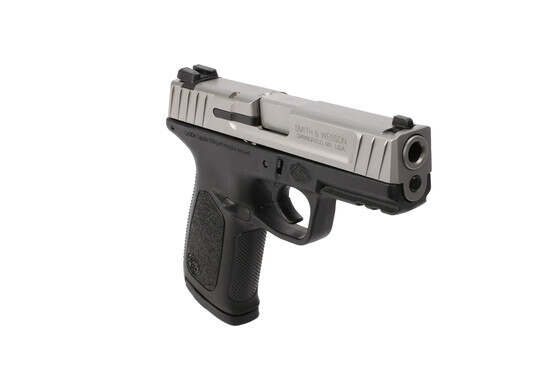 The Smith and Wesson SD9VE 9mm pistol features a stainless steel slide with a 4 inch barrel